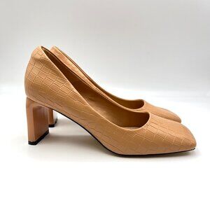 Womens Size 6M Tan Nude Beige Croc Faux Leather Square Toe Pumps Heels Shoes